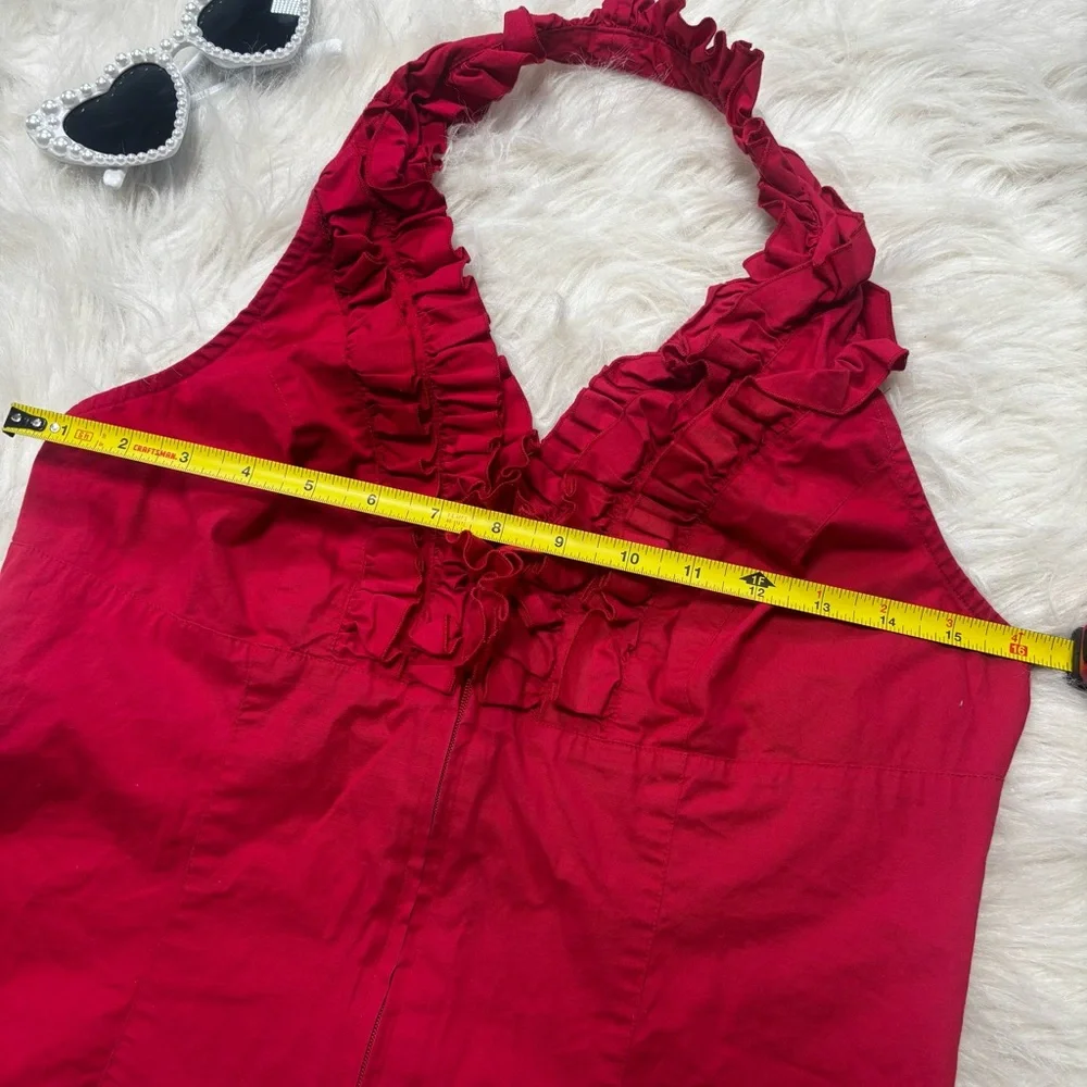 Moda International Y2K Pin-Up Vintage Red Ruffled Halter Zip Up Top size Medium